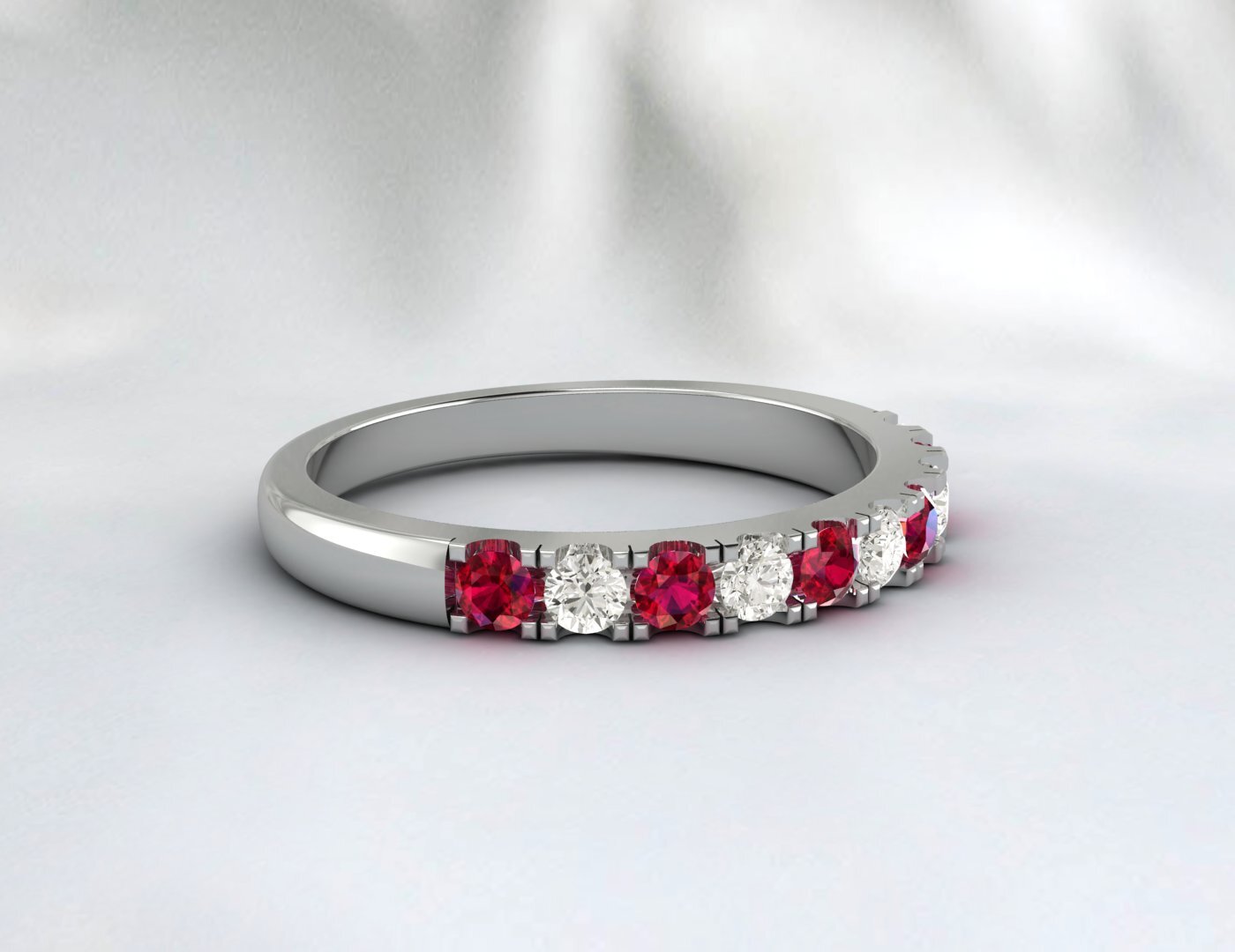 Red Ruby Half Eternity Band With Cz Diamond 925 Sterling Silver Lab Created Band