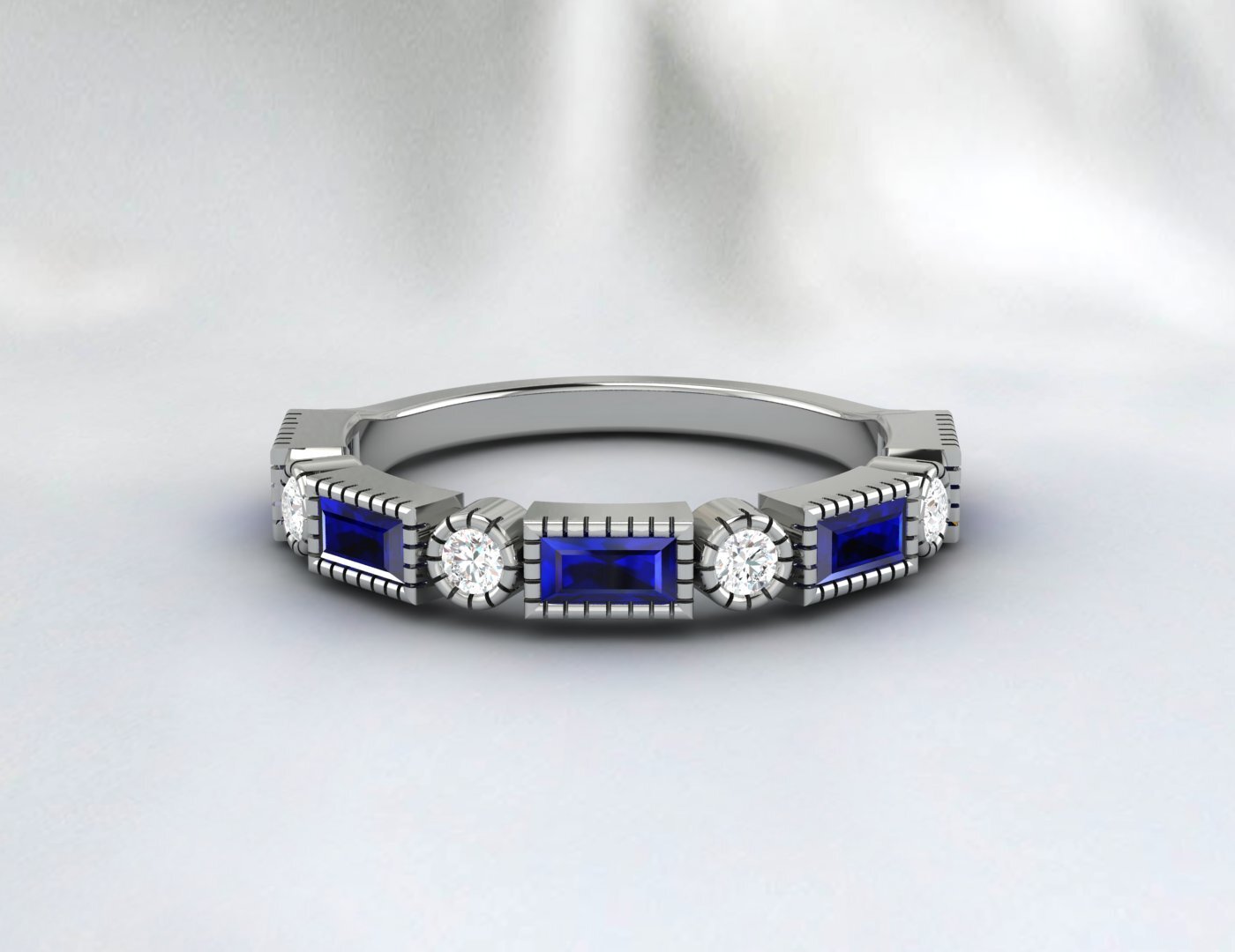 Baguette Sapphire & Cubic Zirconia Half Eternity Fine Silver Band Lab Created
