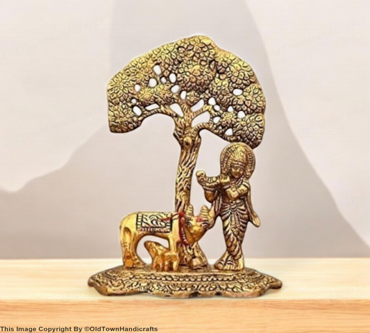 Brass Finish Krishna Idol with Cow Under Tree 6" Statue for Home Office Decor