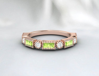 Natural Baguette Cut Peridot & Cubic Zirconia Half Eternity Fine Silver Band