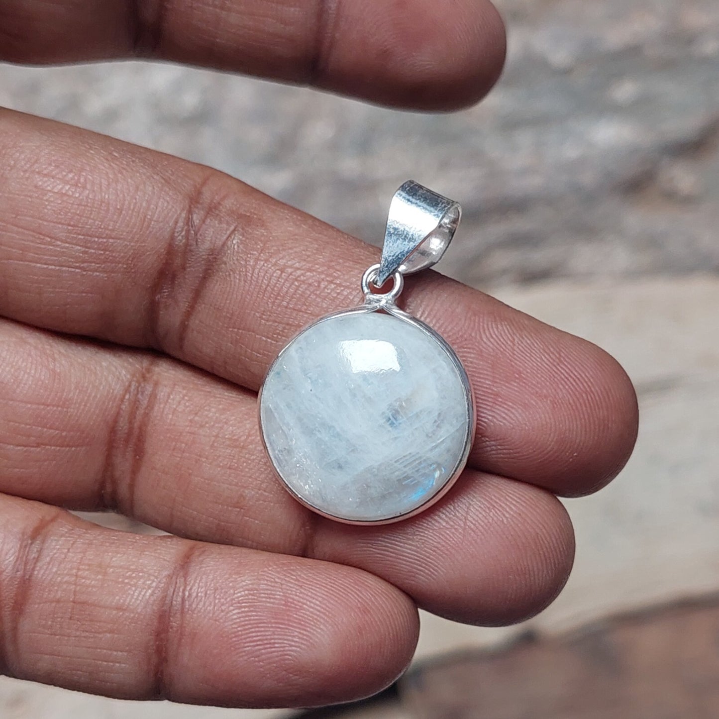Round Natural Rainbow Moonstone Pendant,925 Sterling Silver Boho Necklace