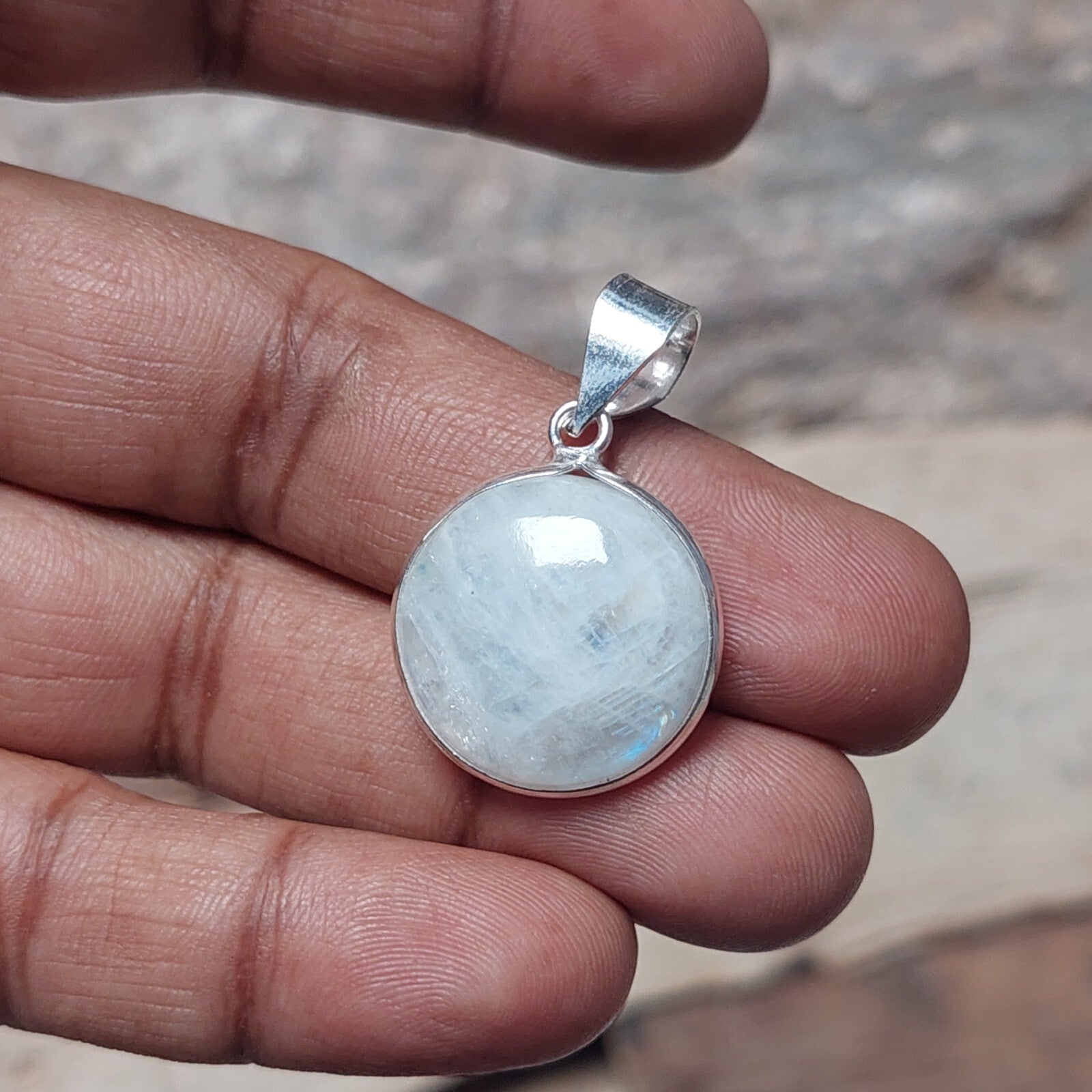 Round Natural Rainbow Moonstone Pendant,925 Sterling Silver Boho Necklace