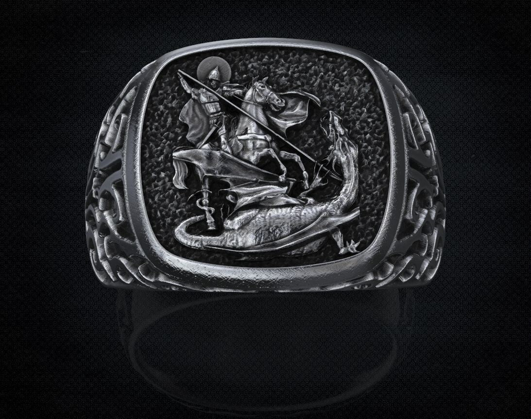 St Saint Michael Archangel Ring Sterling Silver Signet US5-15 Protection Unisex