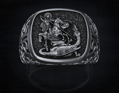 St Saint Michael Archangel Ring Sterling Silver Signet US5-15 Protection Unisex