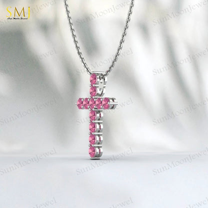 925 Silver Natural Pink Tourmaline Cross Necklace Pendant December Birthstone