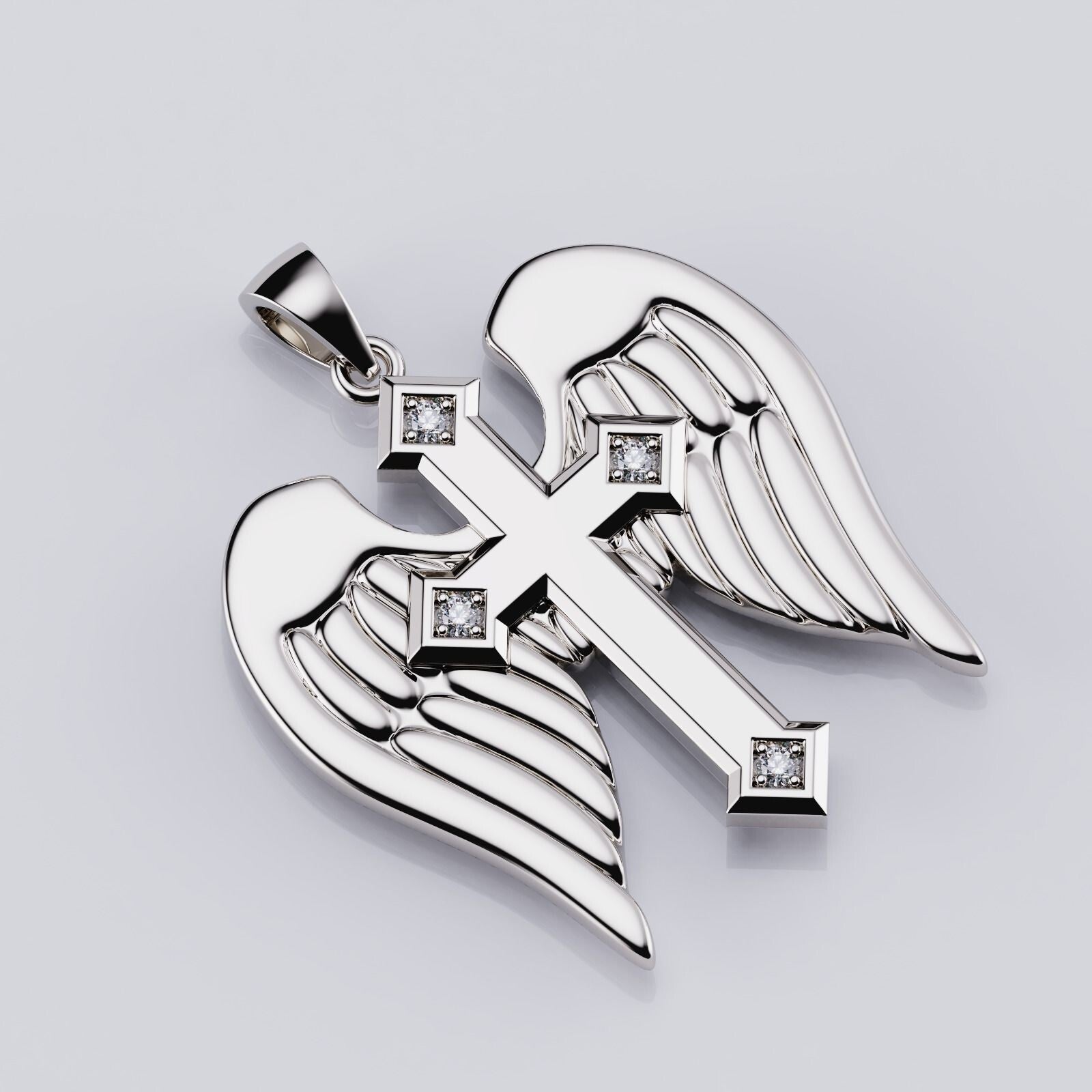 925 Sterling Silver Angel Wings Cross Pendant Archangel Michael Angel Wing Sword