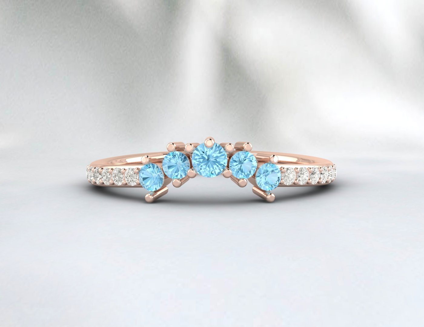 Natural Blue Aquamarine Curved Wedding Band Half Eternity Fine Silver 5 Gemstone