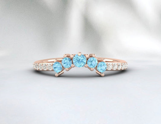 Natural Blue Aquamarine Curved Wedding Band Half Eternity Fine Silver 5 Gemstone