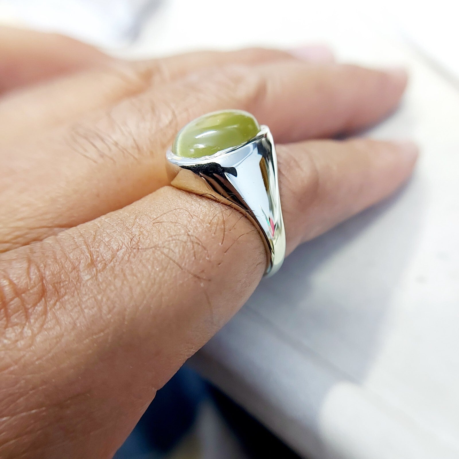 Yellow Cats Eye Chrysoberyl Ring Wide Band Handmade 925 Silver Men Ring US5~15