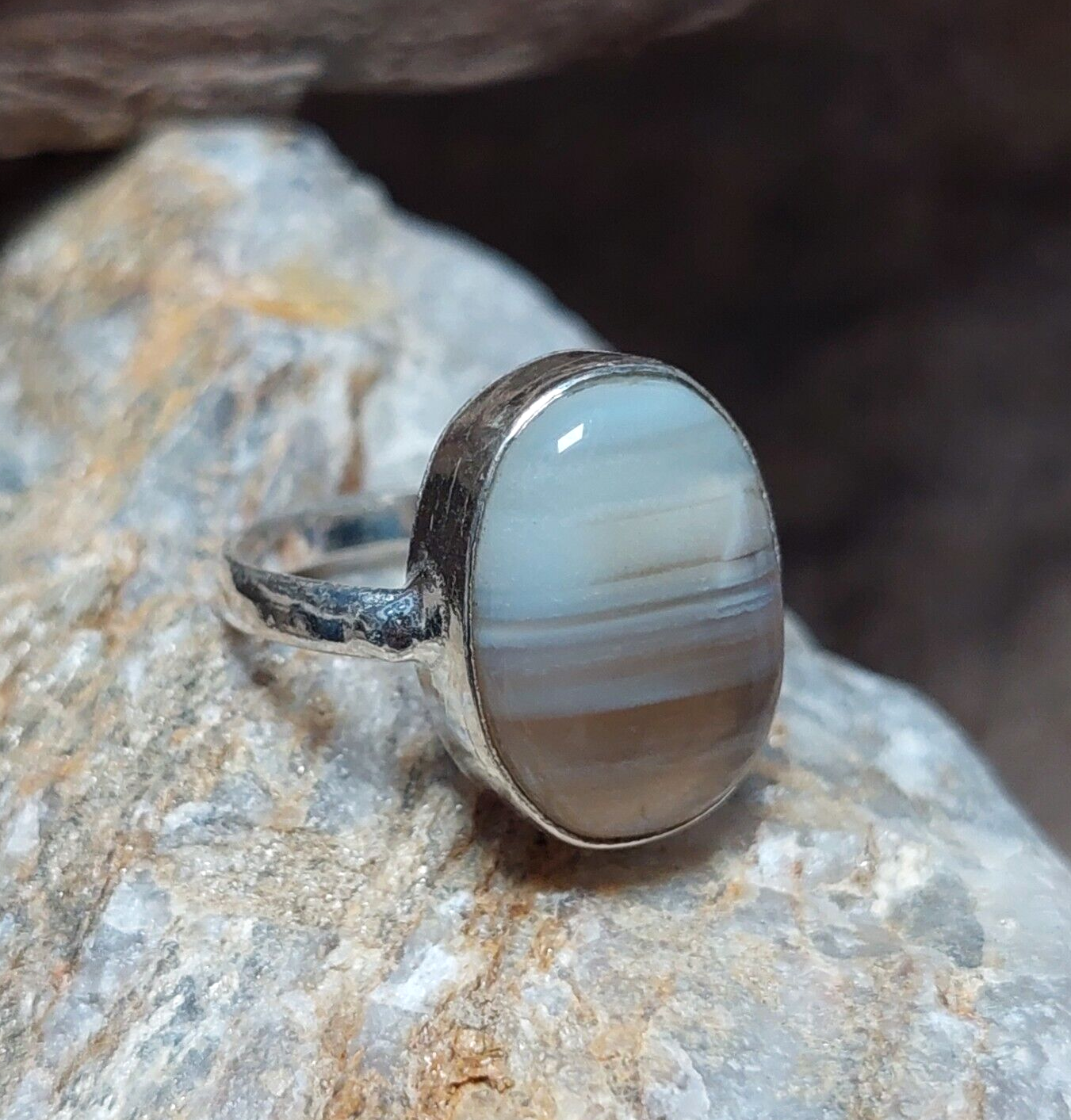 Natural Oval Grey Banded Agate 925 Sterling Silver Handmade Ring,Statement Ring