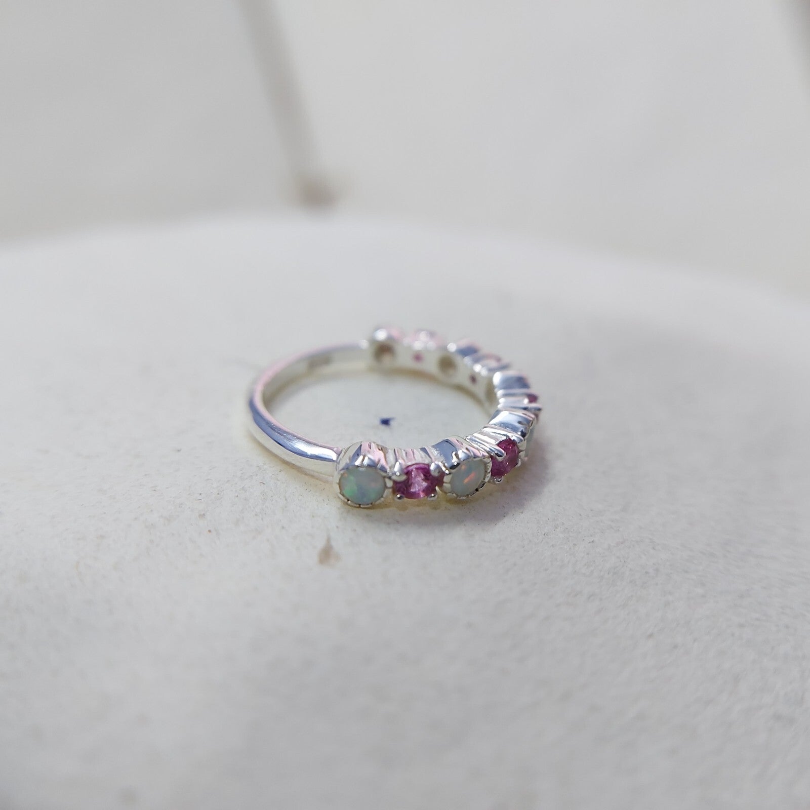 Opal and Ruby Wedding Ring Half Eternity Band Silver Stackable Band Gift Us5~ 15
