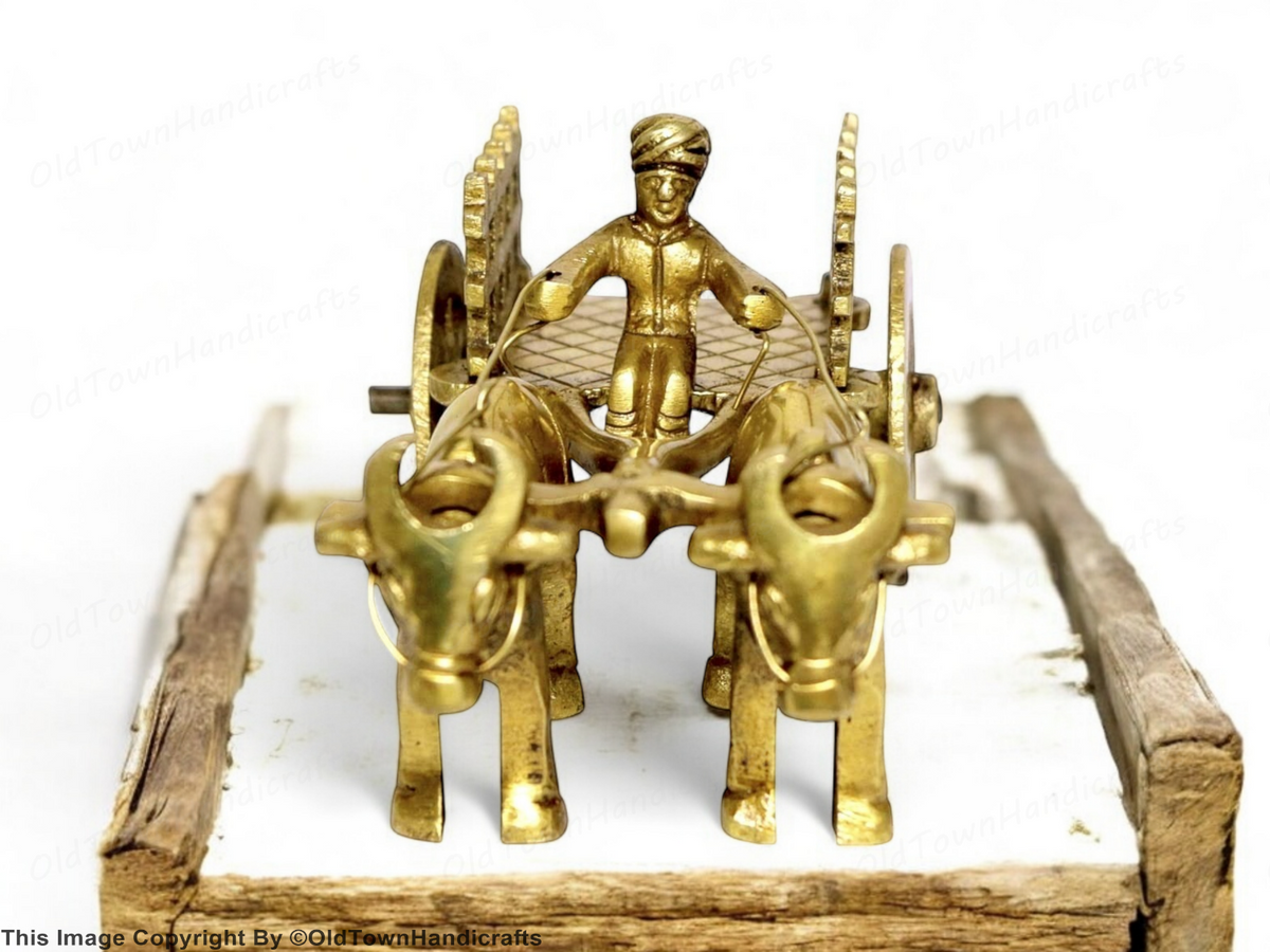 Brass Vintage Bullock Cart Showpiece Home Decor with Double Bull 6cm