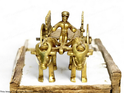 Brass Vintage Bullock Cart Showpiece Home Decor with Double Bull 6cm