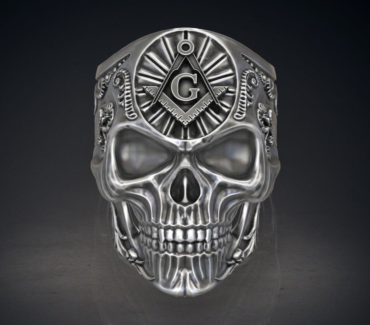 Masonic Skull Ring Oxidized Silver Gothic Freemason Biker Ring For Men US5-15