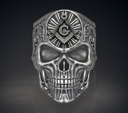 Masonic Skull Ring Oxidized Silver Gothic Freemason Biker Ring For Men US5-15