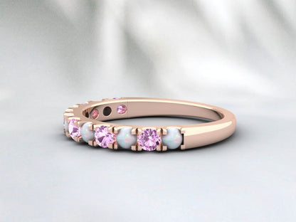 Natural Round Opal And Pink Sapphire Half Eternity Band Fine Silver Wedding Band