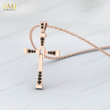 925 Silver Natural Black Onyx Cross Necklace Religious Charm Pray Rosary Pendant