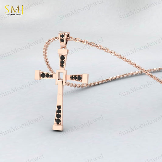 925 Silver Natural Black Onyx Cross Necklace Religious Charm Pray Rosary Pendant
