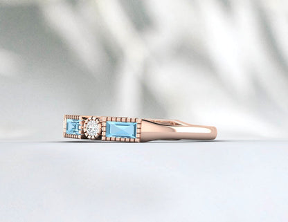 Natural Baguette Blue Aquamarine & Cubic Zirconia Half Eternity Fine Silver Band