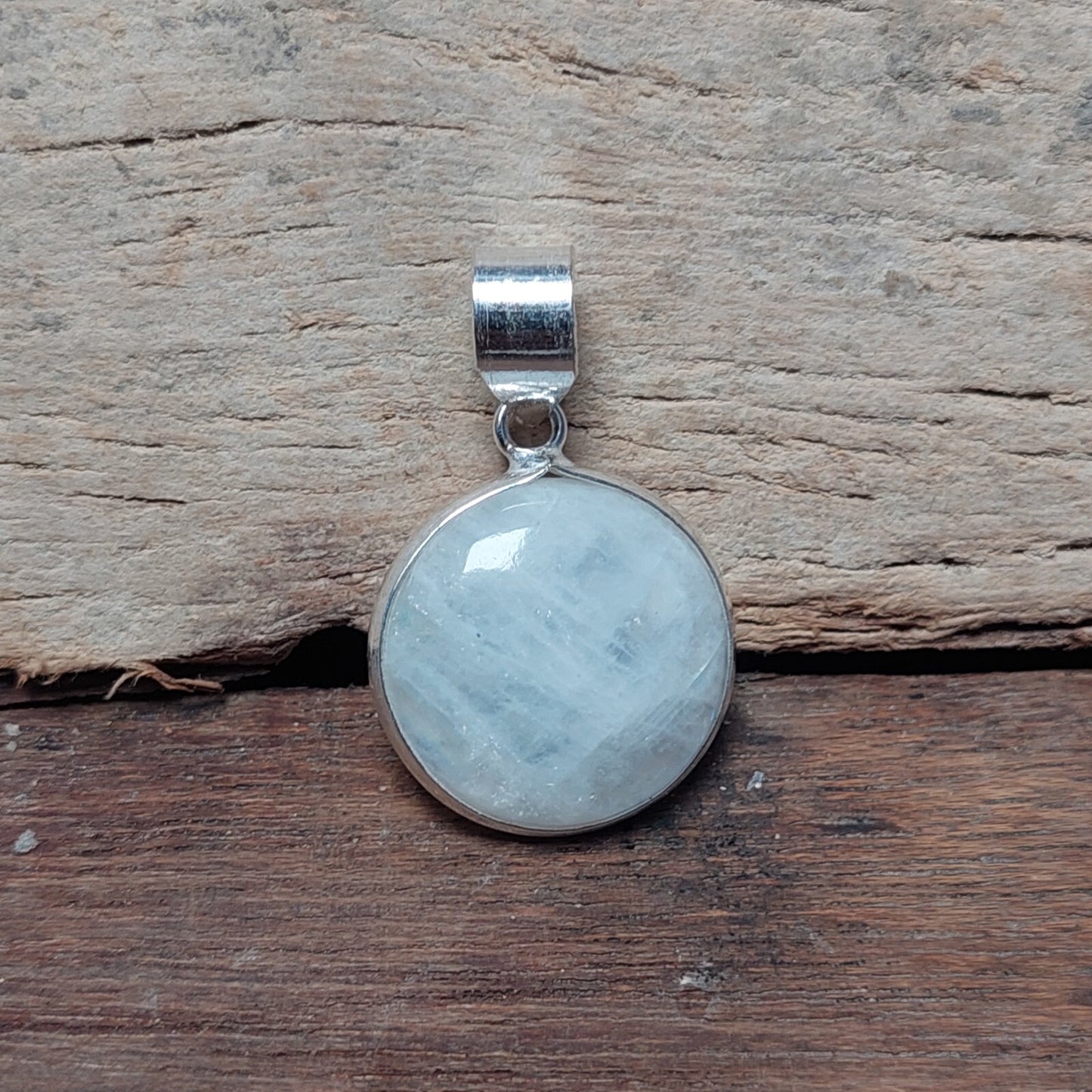 Round Natural Rainbow Moonstone Pendant,925 Sterling Silver Boho Necklace