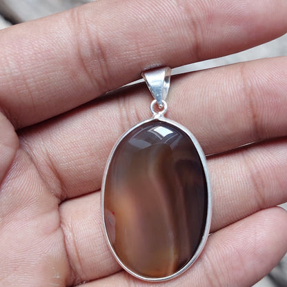 Vintage Chocolate Oval Brown Banded Agate Sterling Silver Pendant,Bezel Pendant