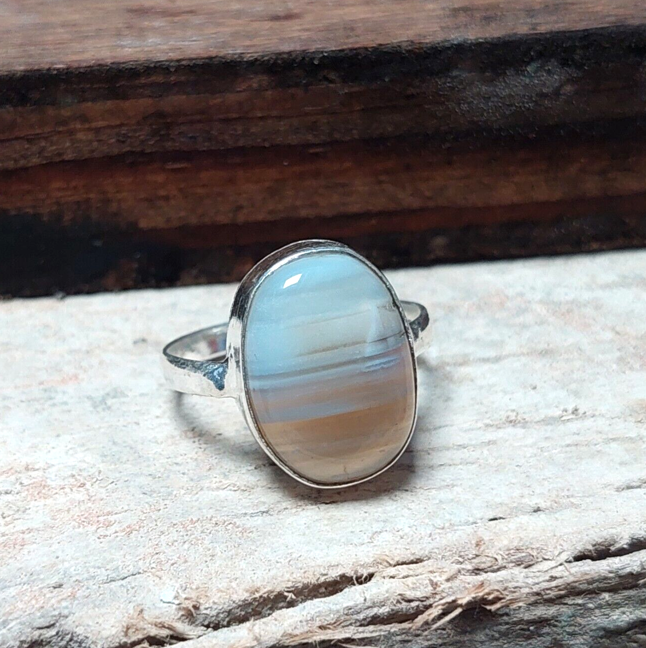 Natural Oval Grey Banded Agate 925 Sterling Silver Handmade Ring,Statement Ring
