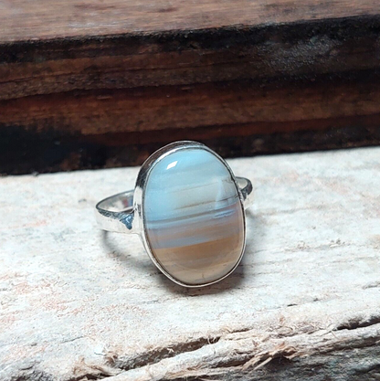 Natural Oval Grey Banded Agate 925 Sterling Silver Handmade Ring,Statement Ring