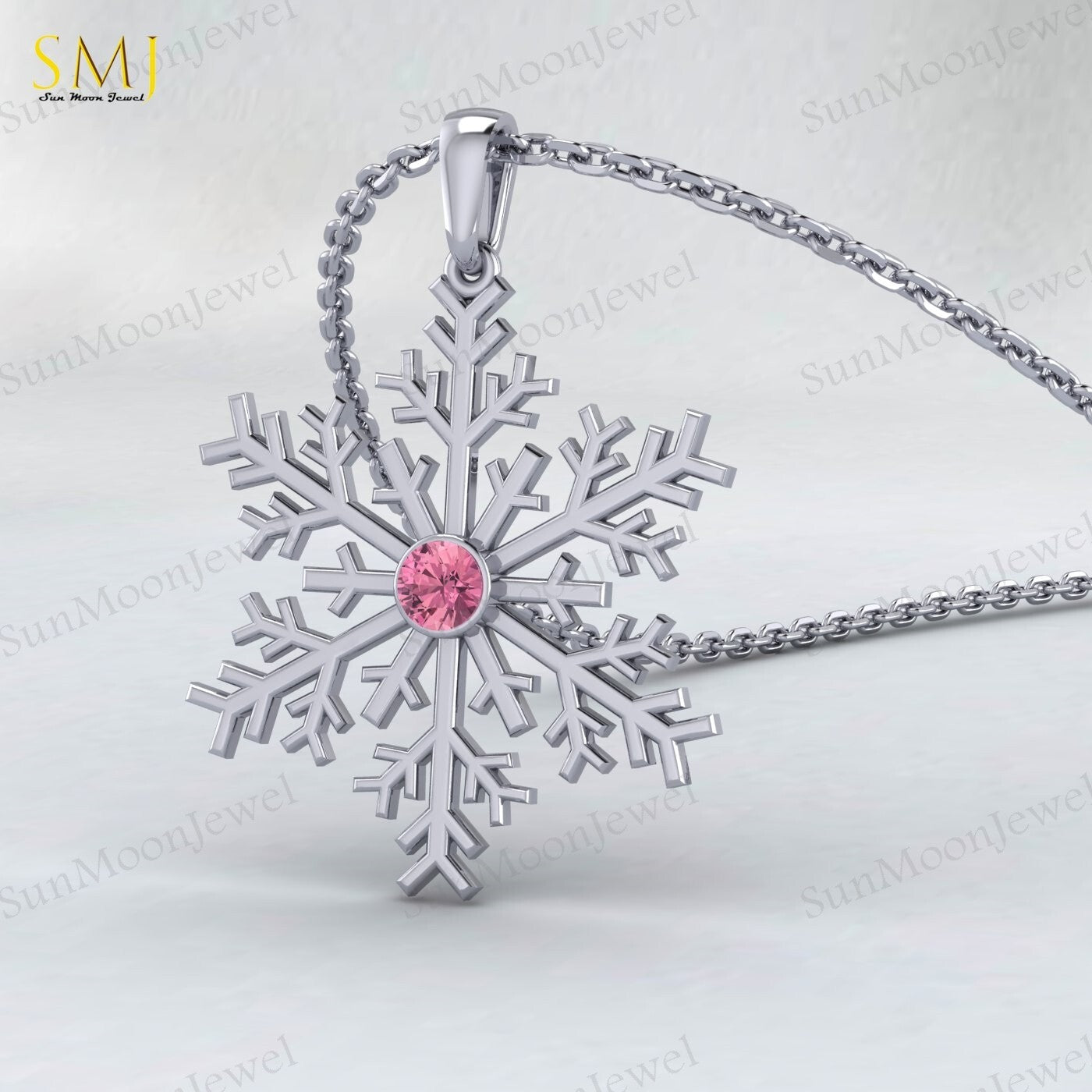 Pink Tourmaline Snowflake Necklace 925 Sterling Silver For Women Frozen Winter