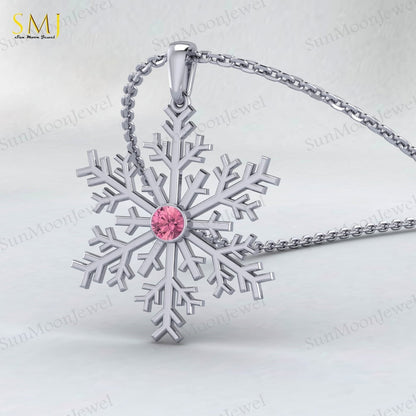 Pink Tourmaline Snowflake Necklace 925 Sterling Silver For Women Frozen Winter
