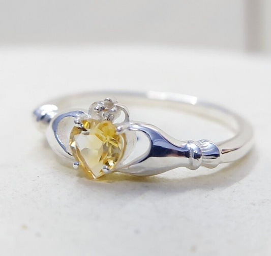 Claddagh Heart Citrine Ring Simulated Birthstone Women Silver Ring Gift Us5~ 15