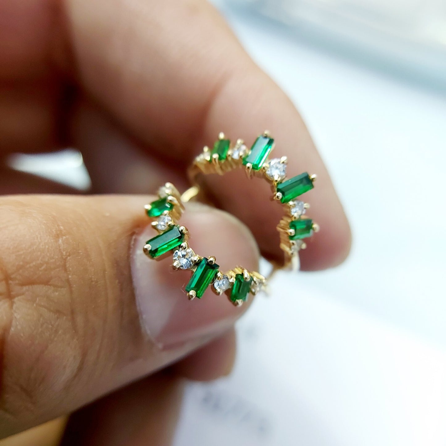 Emerald Baguette Ring Gemstone Set 925 Silver Ring Handmade Wedding Band US5~15