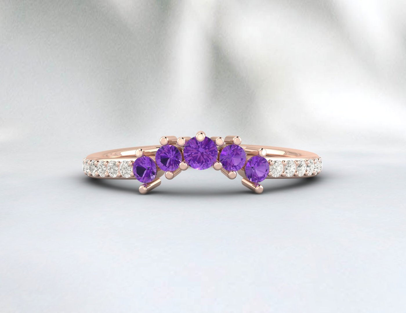 Natural Amethyst Curved Wedding Band Half Eternity Fine Silver 5 Gemstone