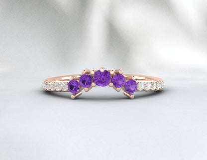 Natural Amethyst Curved Wedding Band Half Eternity Fine Silver 5 Gemstone