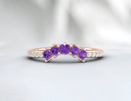 Natural Amethyst Curved Wedding Band Half Eternity Fine Silver 5 Gemstone
