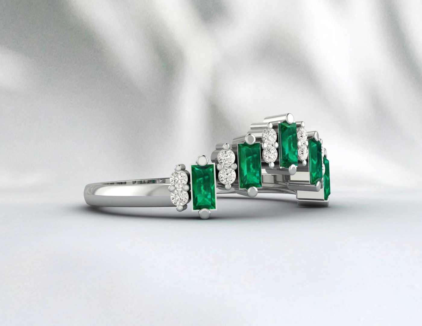 Baguette Green Emerald Crown Wedding Band Fine Silver Daimond Lab Created Band