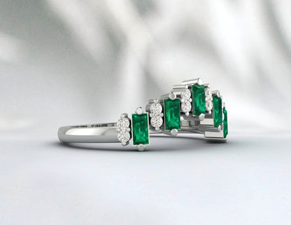 Baguette Green Emerald Crown Wedding Band Fine Silver Daimond Lab Created Band
