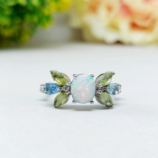 925 Silver Peridot Opal Cluster Ring Oval Cut Opal Promise Wedding Ring US5 ~15