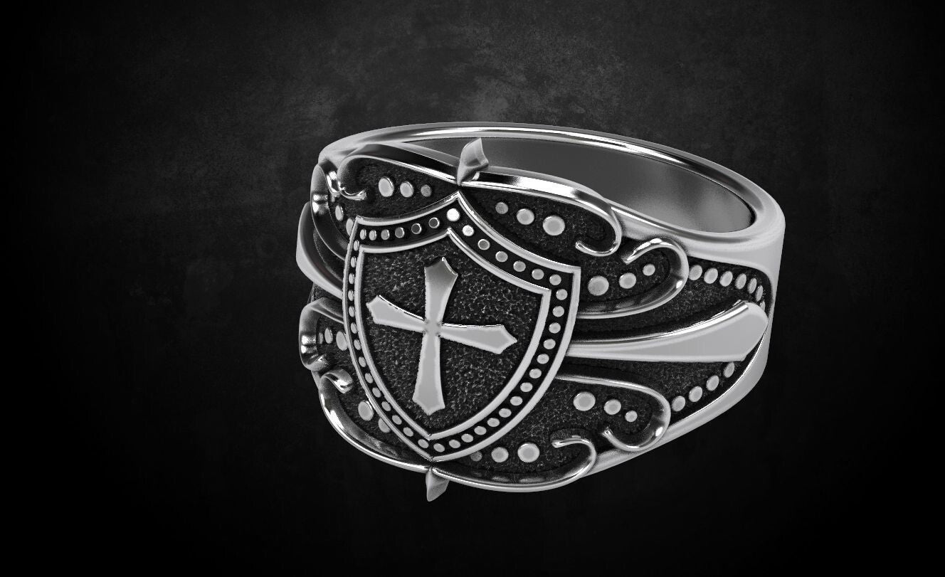 Crusader Shield Ring Silver Cross Religious Jewelry for Him US 7-15 Unisex Gift