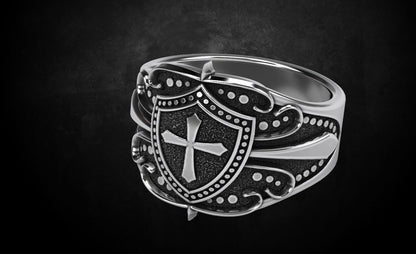 Crusader Shield Ring Silver Cross Religious Jewelry for Him US 7-15 Unisex Gift