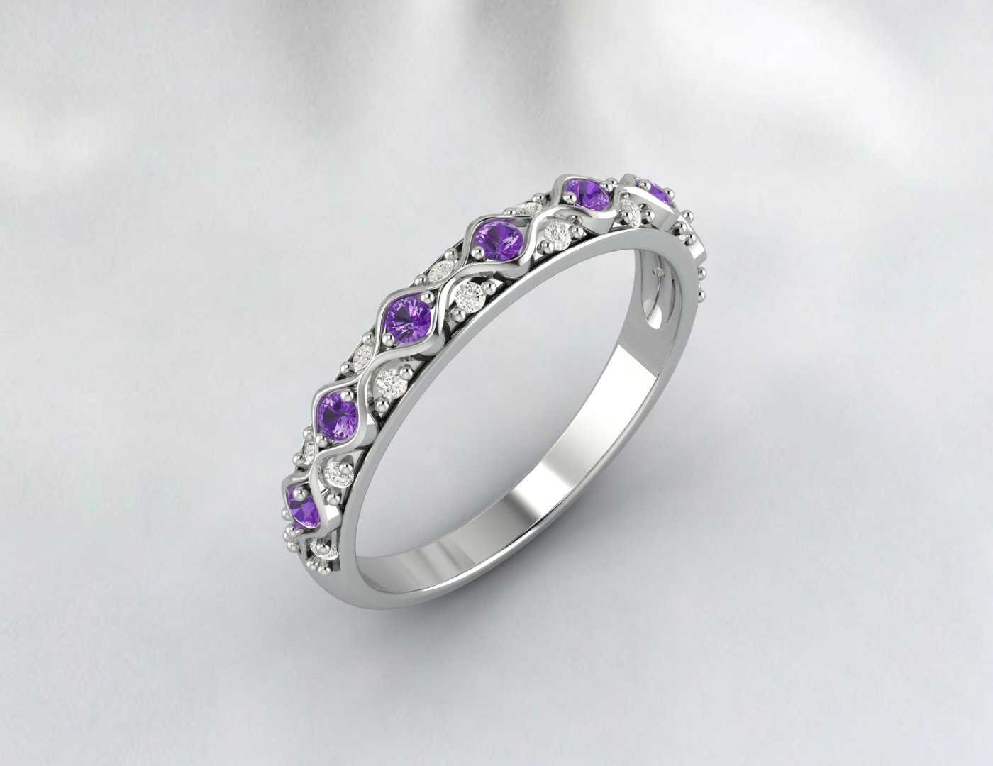Natural Amethyst Cz Diamond Wedding Band Fine Silver Antique Unique Vintage Band