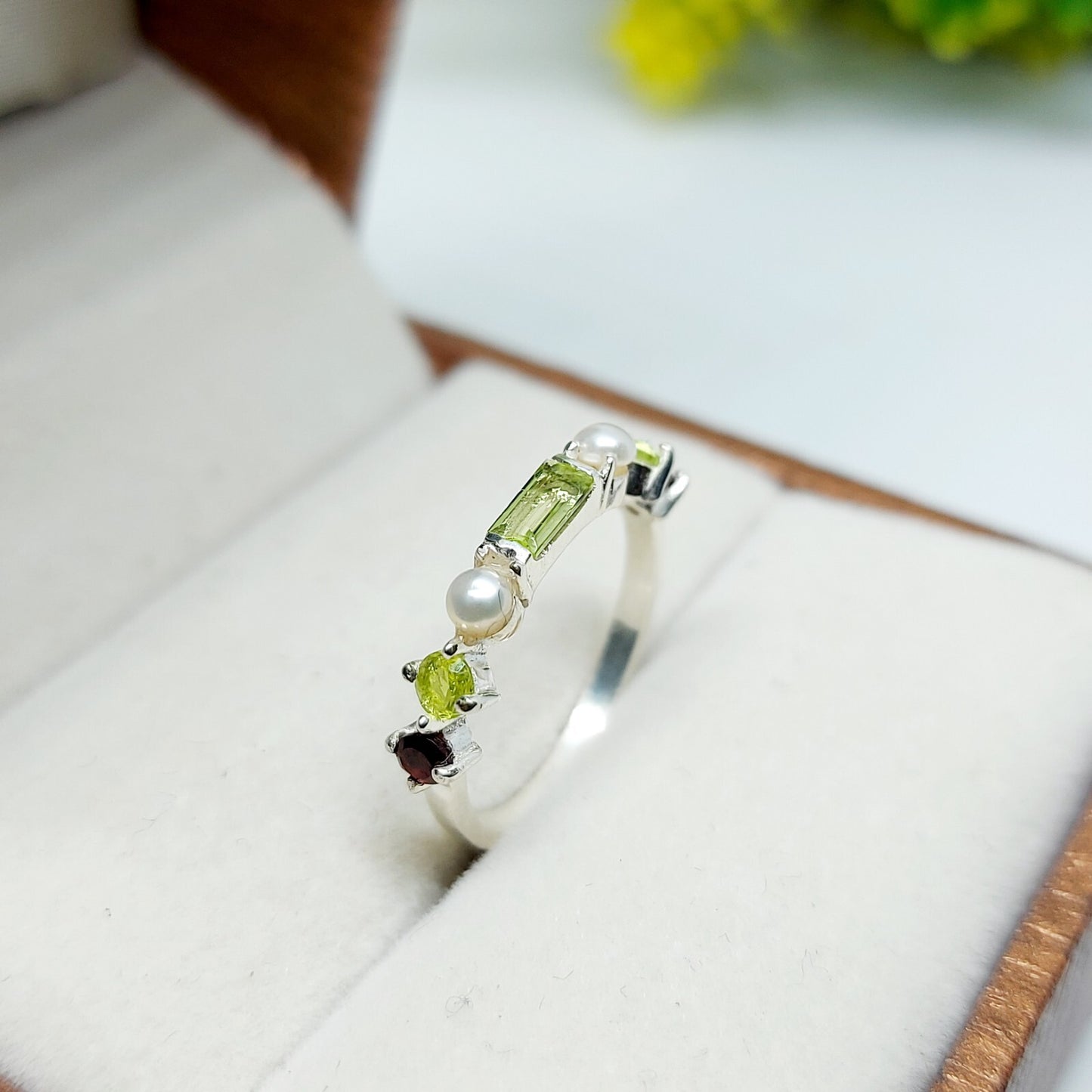Natural Peridot 925 Silver Baguette Cut Ring Minimalist Green Stone Band US5~15