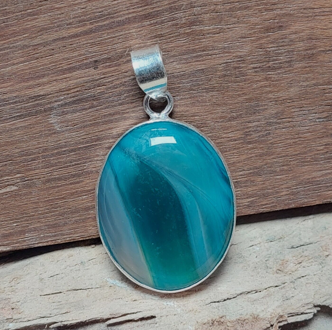 Oval Natural Green Banded Agate Gemstone 925 Silver Bezel Pendant Gift For Her