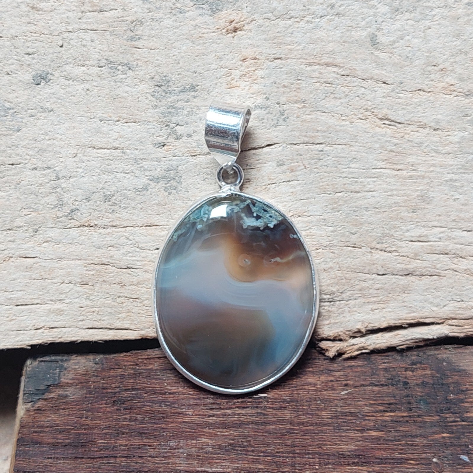 Oval Natural Brown Banded Agate Pendant 925 Sterling Silver Pendant Gift For Her