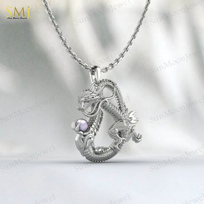 925 Sterling Silver Dragon Pendant Necklace For Man Pearl Dragon Unique Gifts