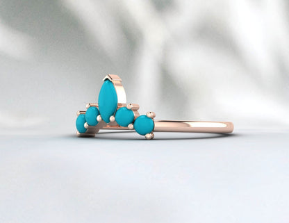 Natural Pear Turquoise Crown Wedding Band Fine Silver Stacking Matching Band