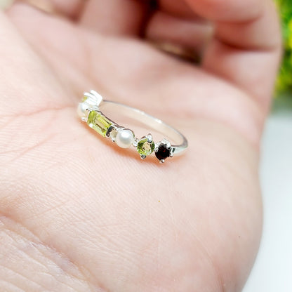 Natural Peridot 925 Silver Baguette Cut Ring Minimalist Green Stone Band US5~15