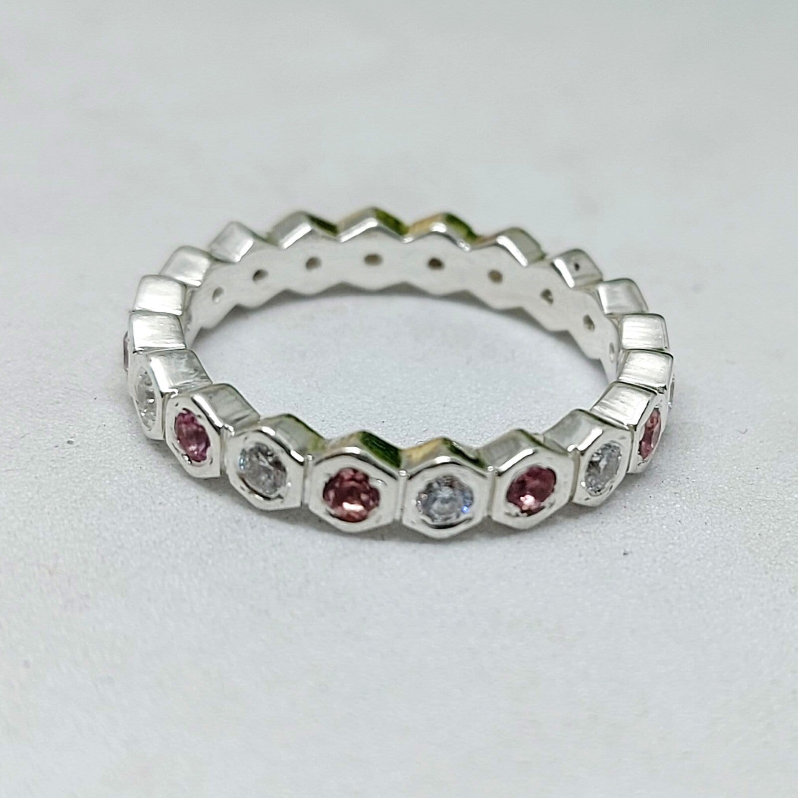 Natural Pink Tourmaline Eternity Band 925 Sterling Silver Wedding Band For Her