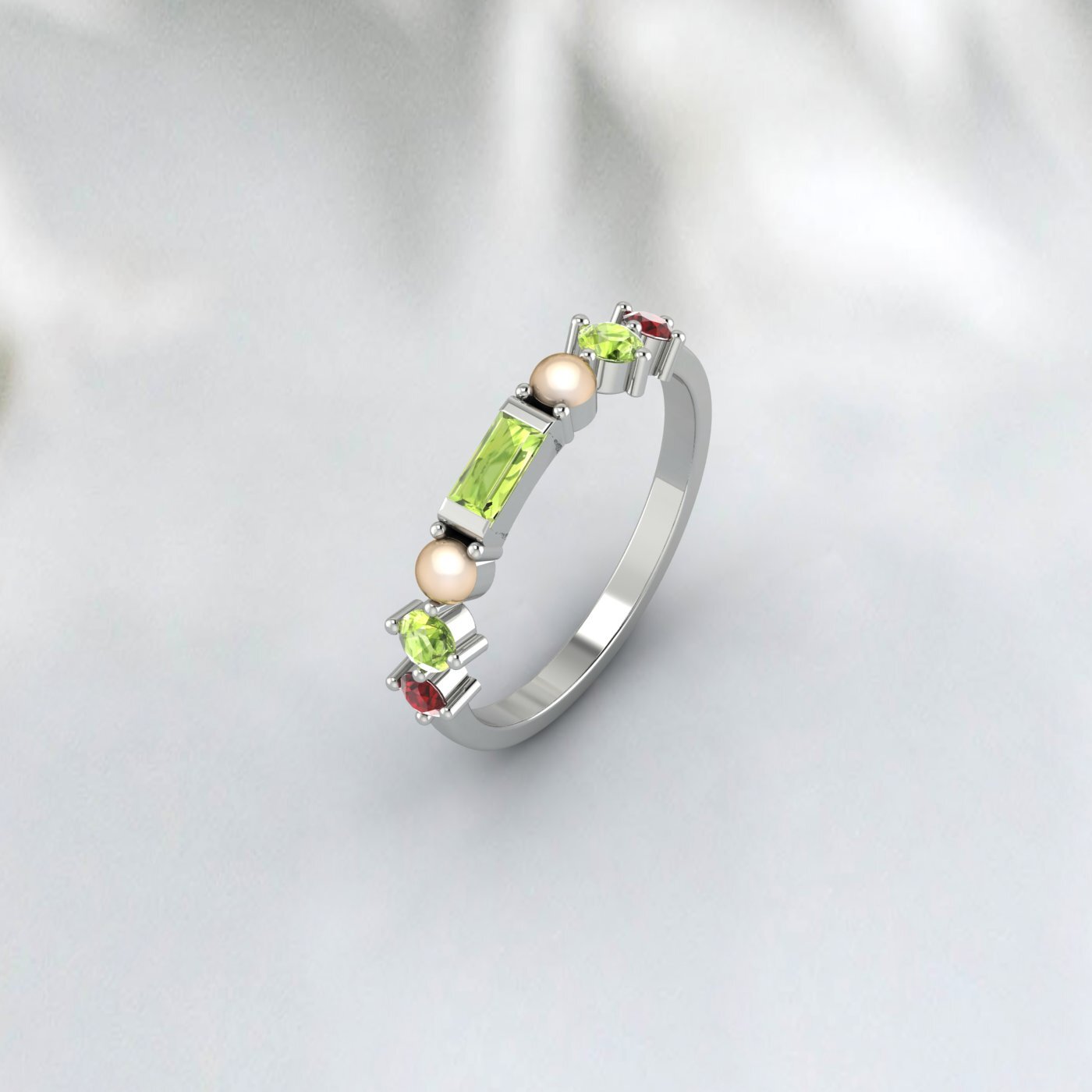 Natural Peridot, Pearl And Garnet Wedding Anniversary Ring 925 Sterling Silver
