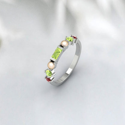 Natural Peridot, Pearl And Garnet Wedding Anniversary Ring 925 Sterling Silver