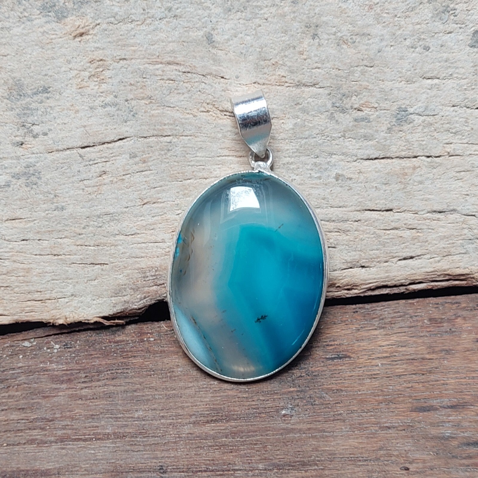 Natural Blue Banded Agate Cabochon Pendant 925 Sterling Silver Jewelry For Women